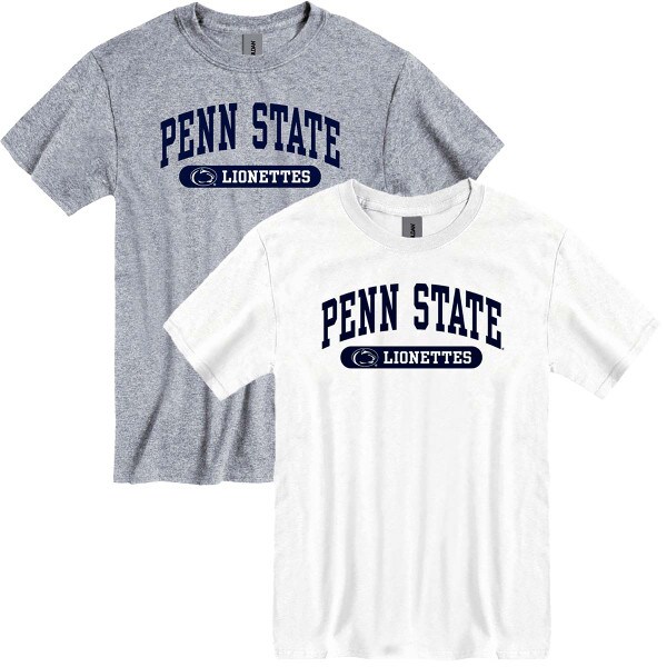 gray and white short sleeve t-shirts with Penn State, Athletic Logo, and Lionettes in pill shape